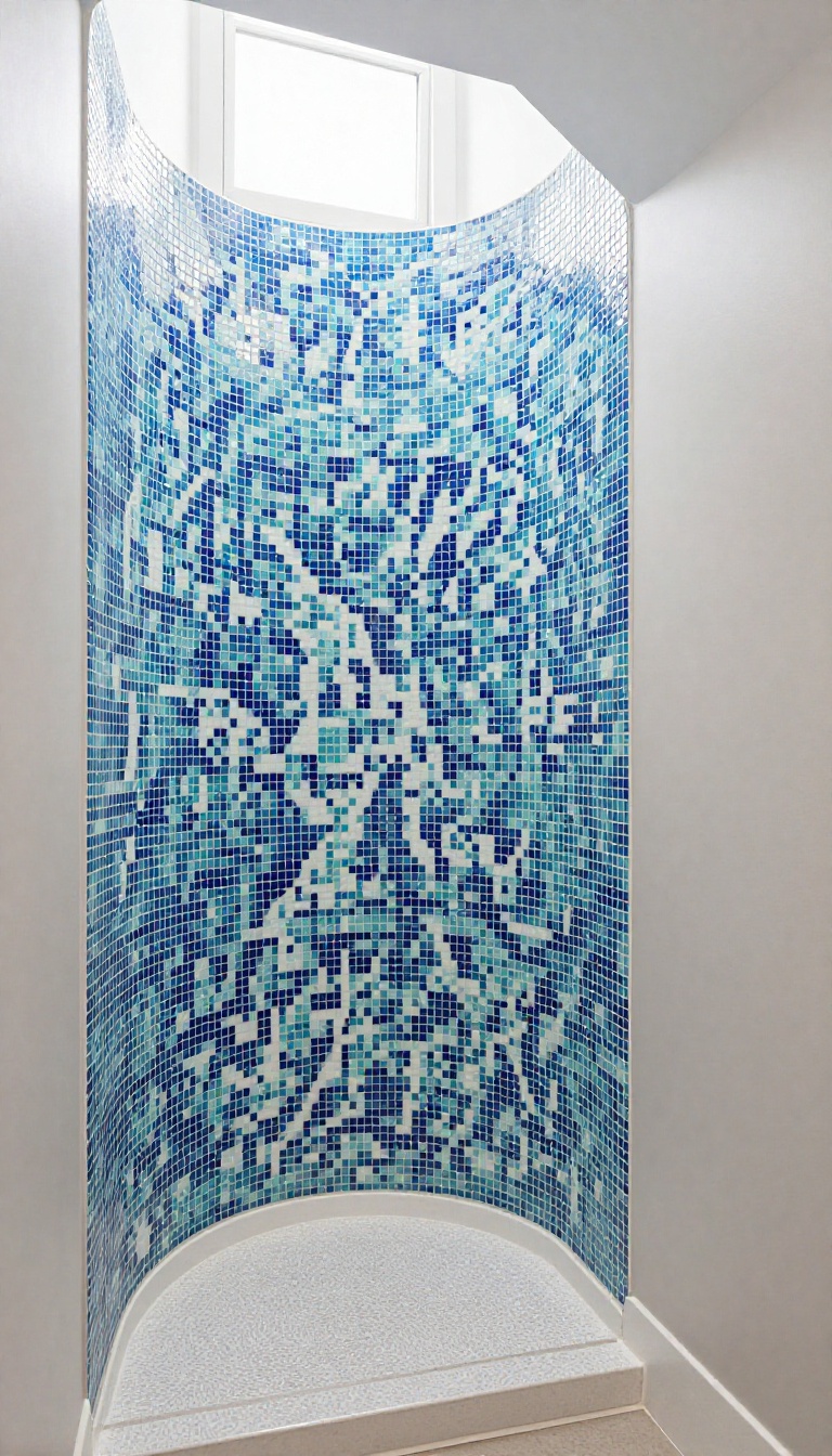Modern shower cabin with a mosaic tile accent wall in blue and teal, designed to distract from an awkward sloping ceiling and corner.