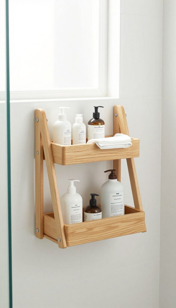 Modern shower chair with built-in storage shelves and tray in a bright bathroom
