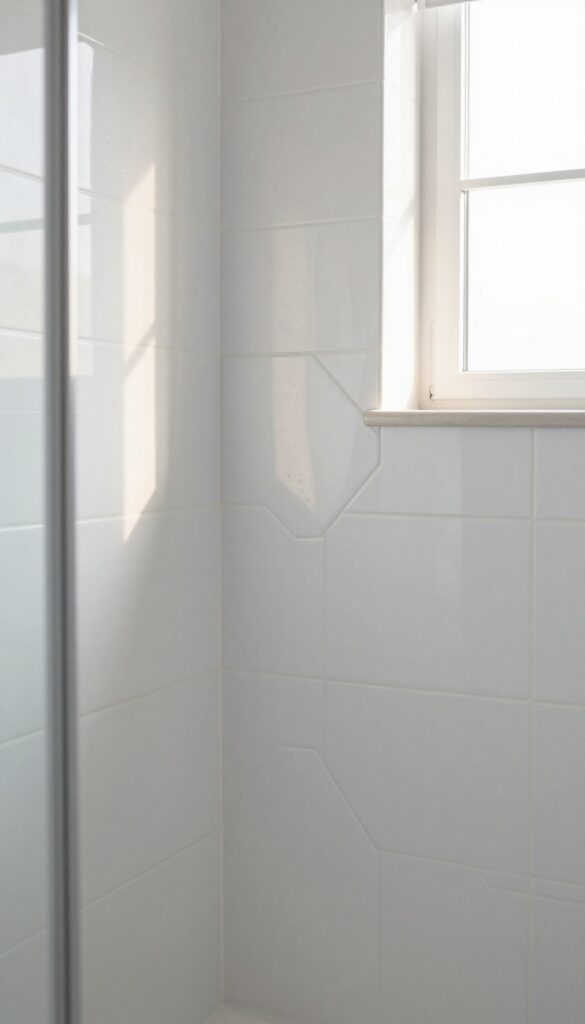 Close-up of a glossy hexagon tile shower curb in a bright bathroom