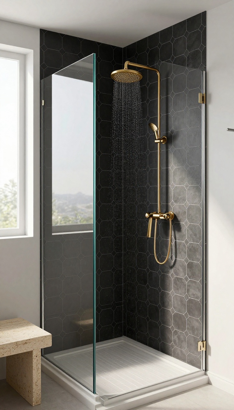 Modern black hexagon tile shower with brass fixtures and white grout