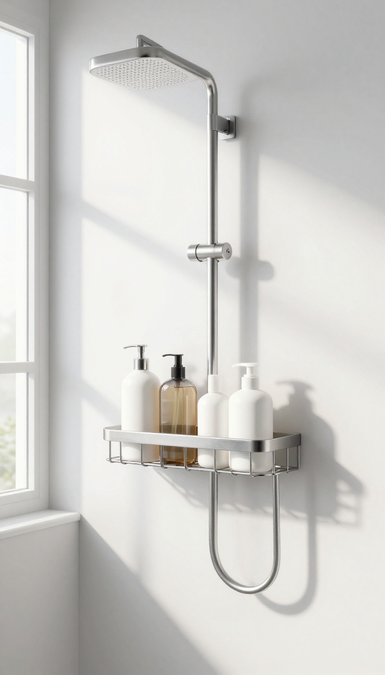 Rust-proof stainless steel shower caddy in a bright modern bathroom