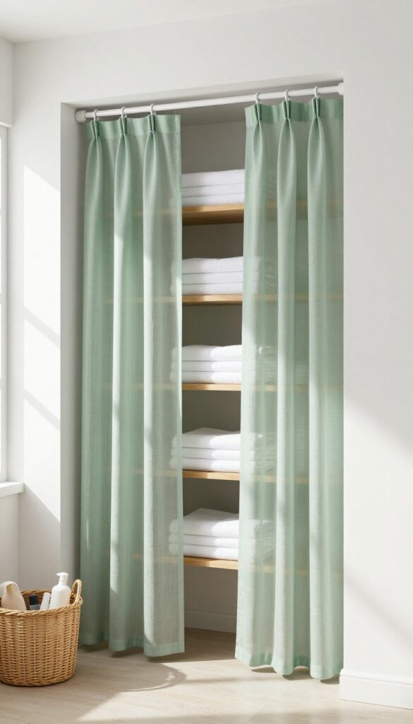 A bathroom nook with two sage green linen curtains concealing shelves of towels and a basket, styled like a window treatment.