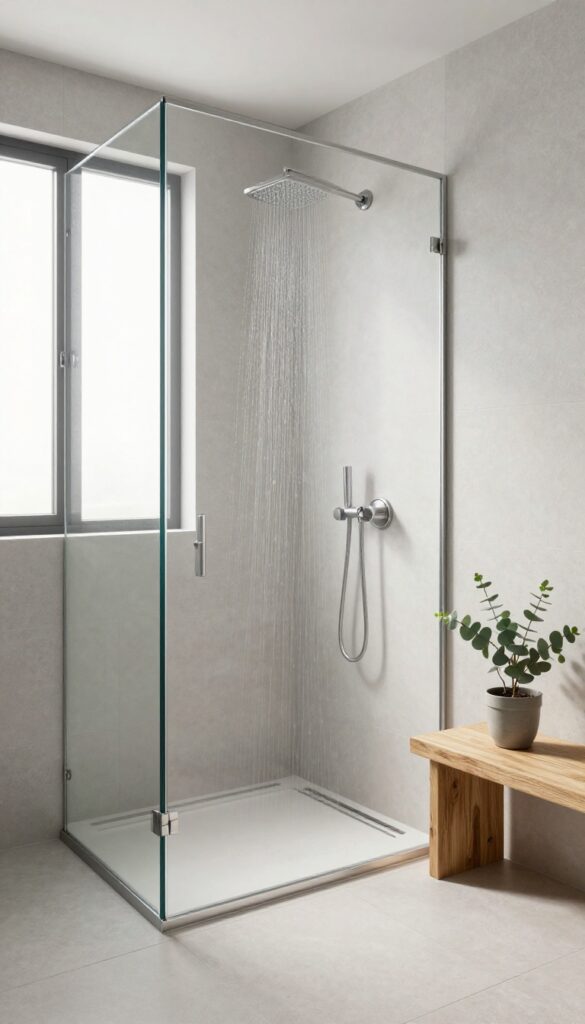 Modern shower-only bathroom with a linear drain and large-format tiles, showcasing a sleek, minimalist design.