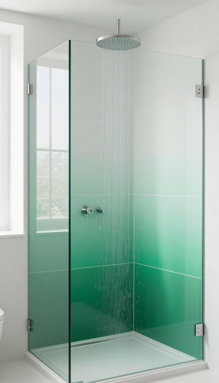 Modern bathroom shower with ombre green tile gradient from dark emerald to light mint, glossy finish, natural light, minimalist design.