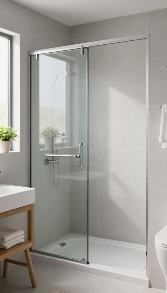 Small bathroom with a frameless glass sliding shower screen over a bathtub, bright and airy