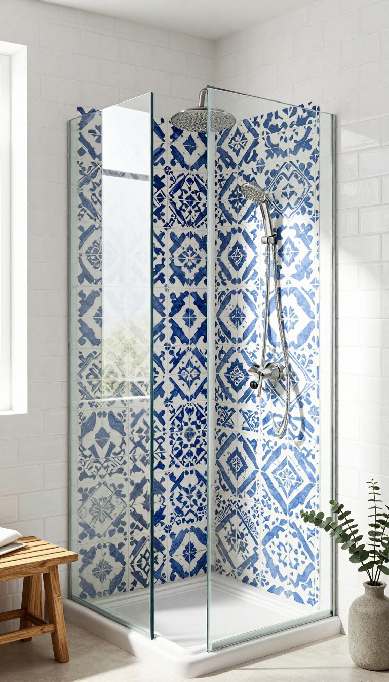 Modern shower with patterned blue and white cement tiles on the back wall, white subway tiles on the sides, glass enclosure, and natural light.