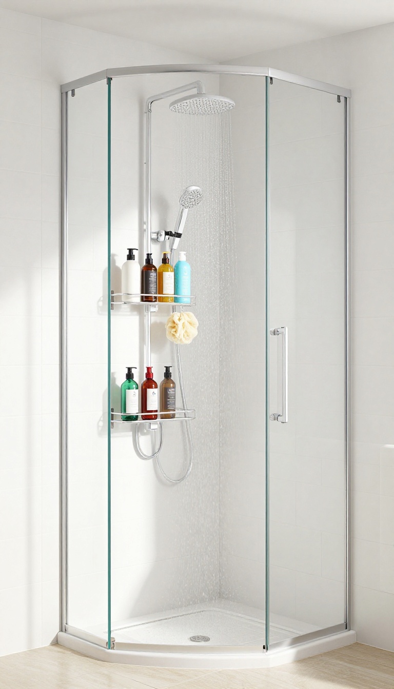 Adjustable tension pole caddy in a shower corner holding toiletries