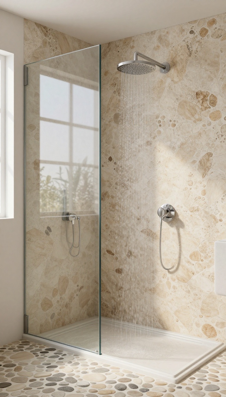 Modern bathroom shower with pebble tile flooring in natural tones