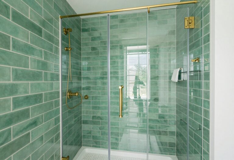 Modern bathroom with emerald green subway tile shower and brass fixtures