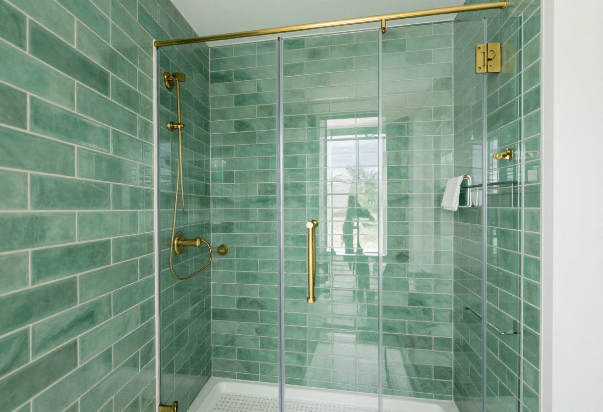 Modern bathroom with emerald green subway tile shower and brass fixtures