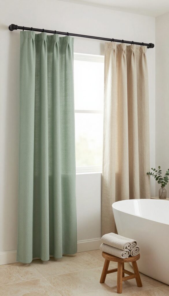 Spa-like bathroom with two earth-tone shower curtains in sage green and warm beige, soft natural light, and natural decor elements.