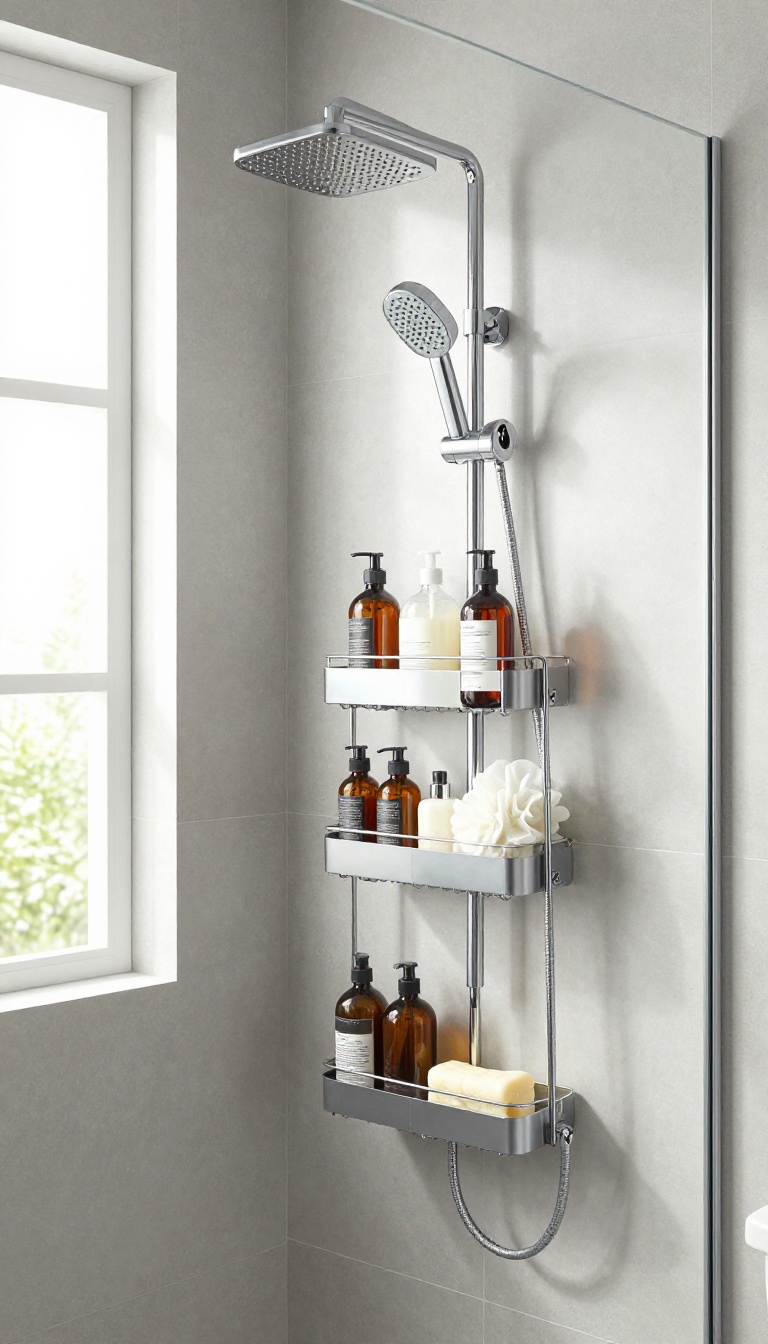 Over-the-showerhead caddy holding toiletries in a bright, clean shower