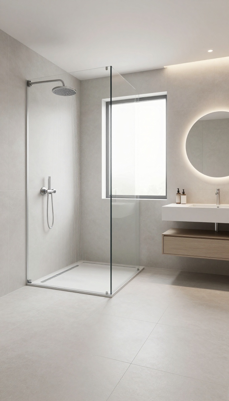 Curbless shower with linear drain in a modern, bright bathroom