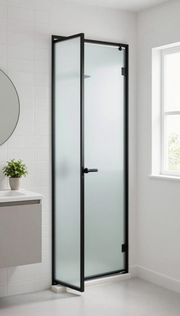 Tiny bathroom with a frosted glass pocket door sliding into the wall, revealing a compact shower and vanity
