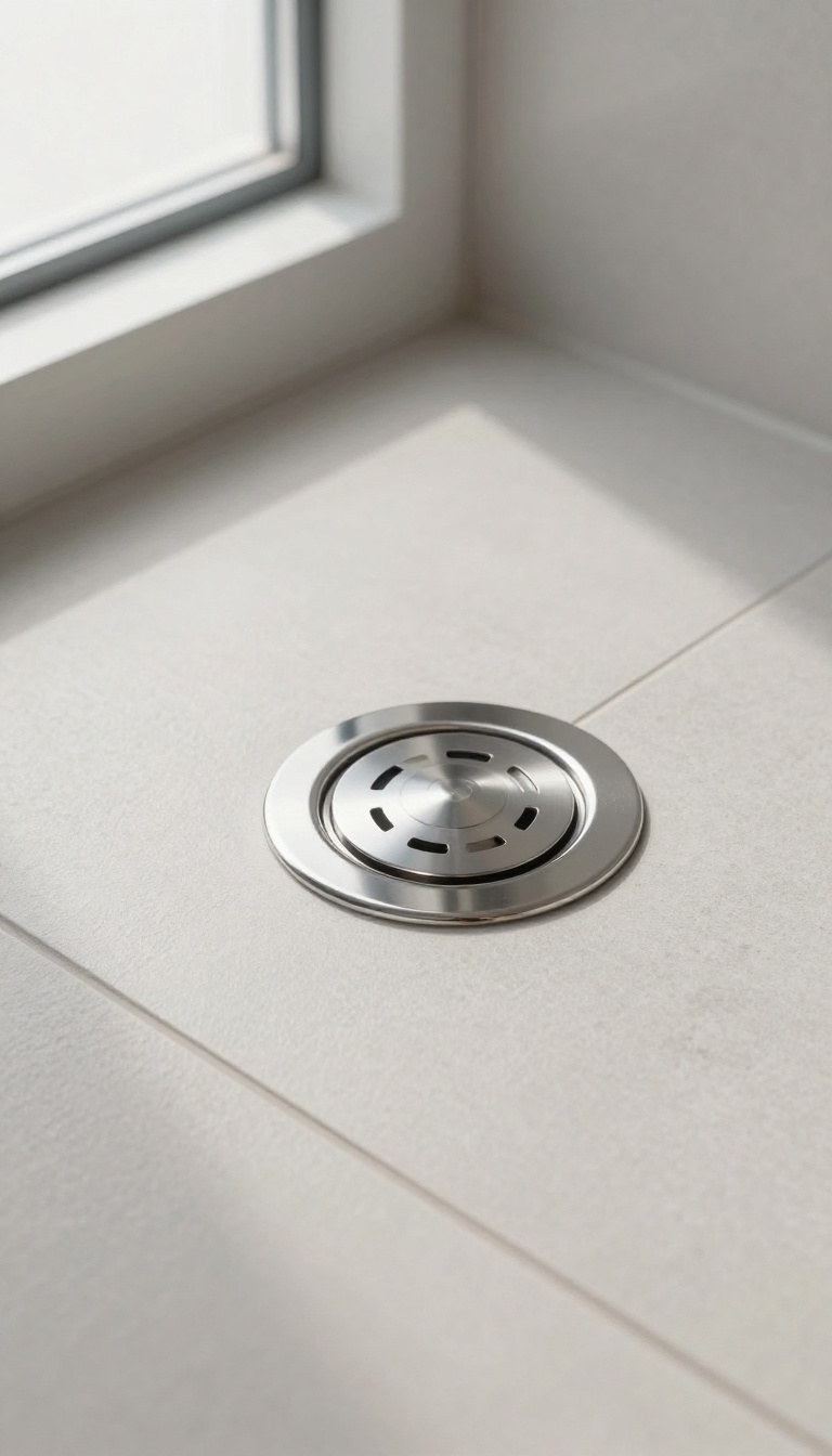 Close-up of a round stainless steel shower drain cover on a tiled bathroom floor