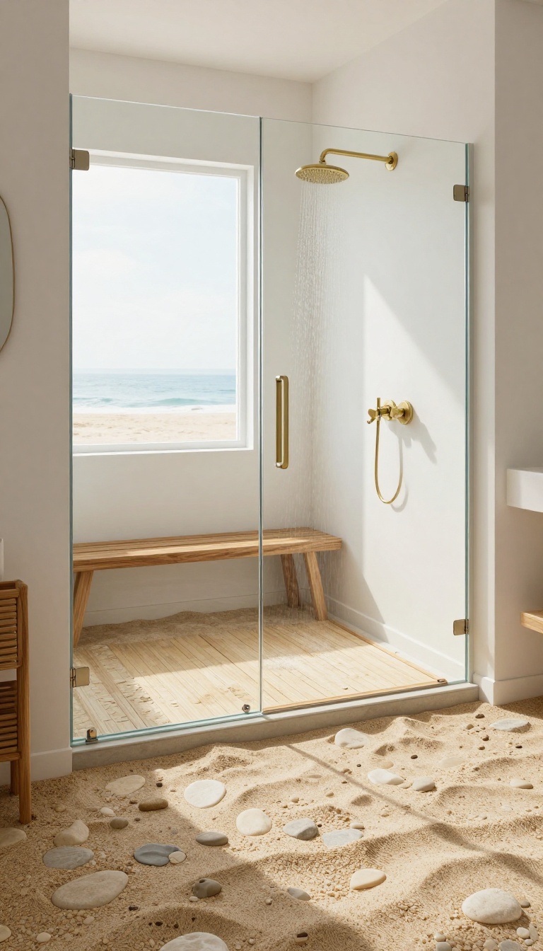 Warm beige pebble shower floor with teak bench and brass fixtures in a bright, sunlit bathroom