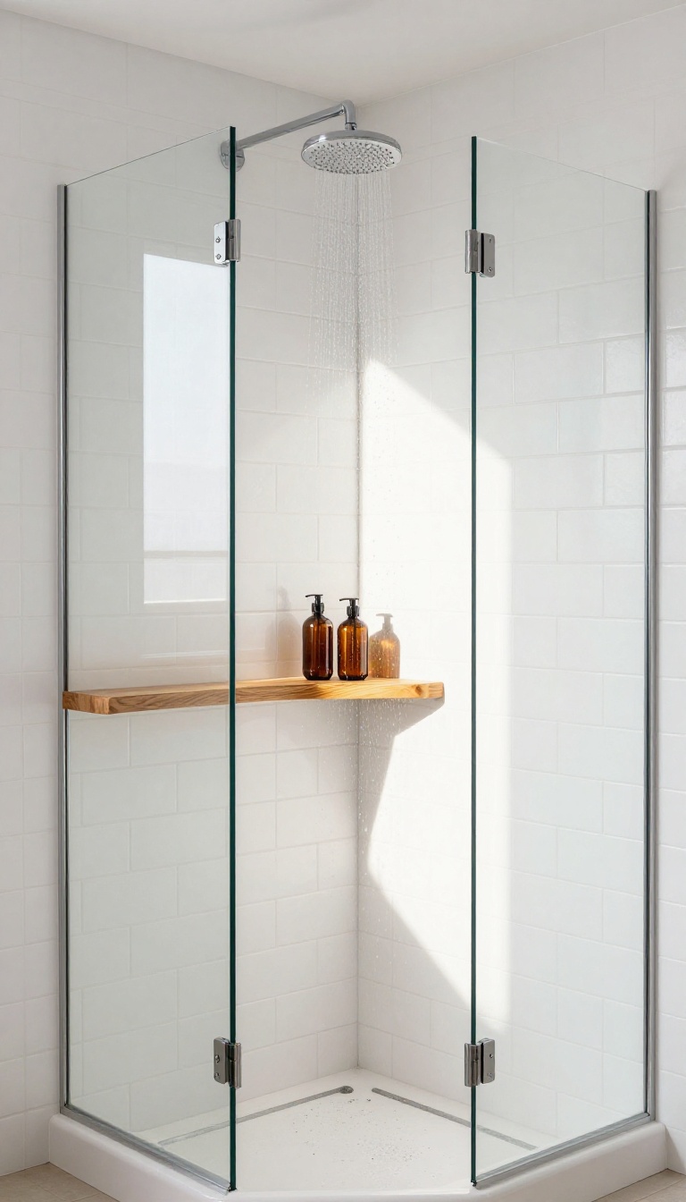 Teak wood shelf in a bright modern shower with amber bottles and rainfall showerhead