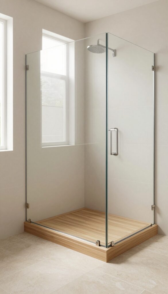 Modern bathroom with a fold-down teak shower seat, folded down, in a bright, clean shower space.