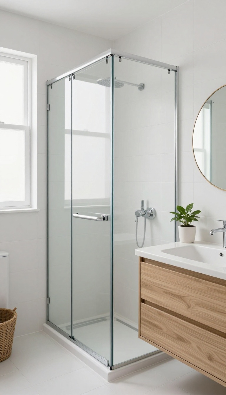Modern bathroom with a glass shower cabin using a space-saving pocket door, bright and minimalist design