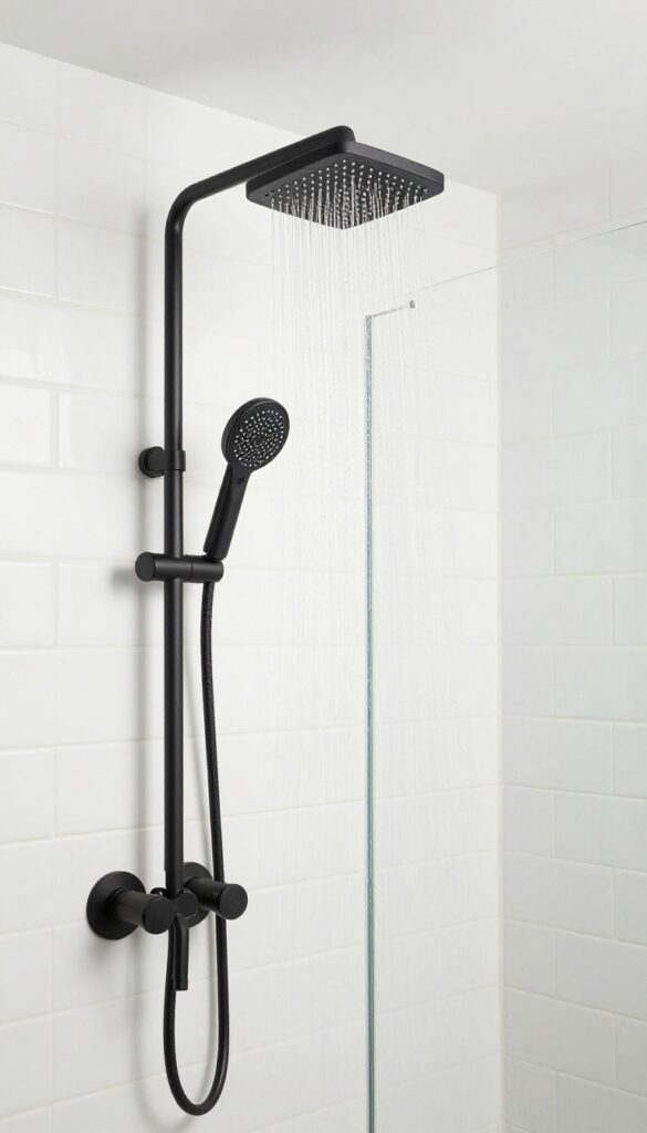 Modern bathroom shower with matte black fixtures and white subway tiles in bright natural light