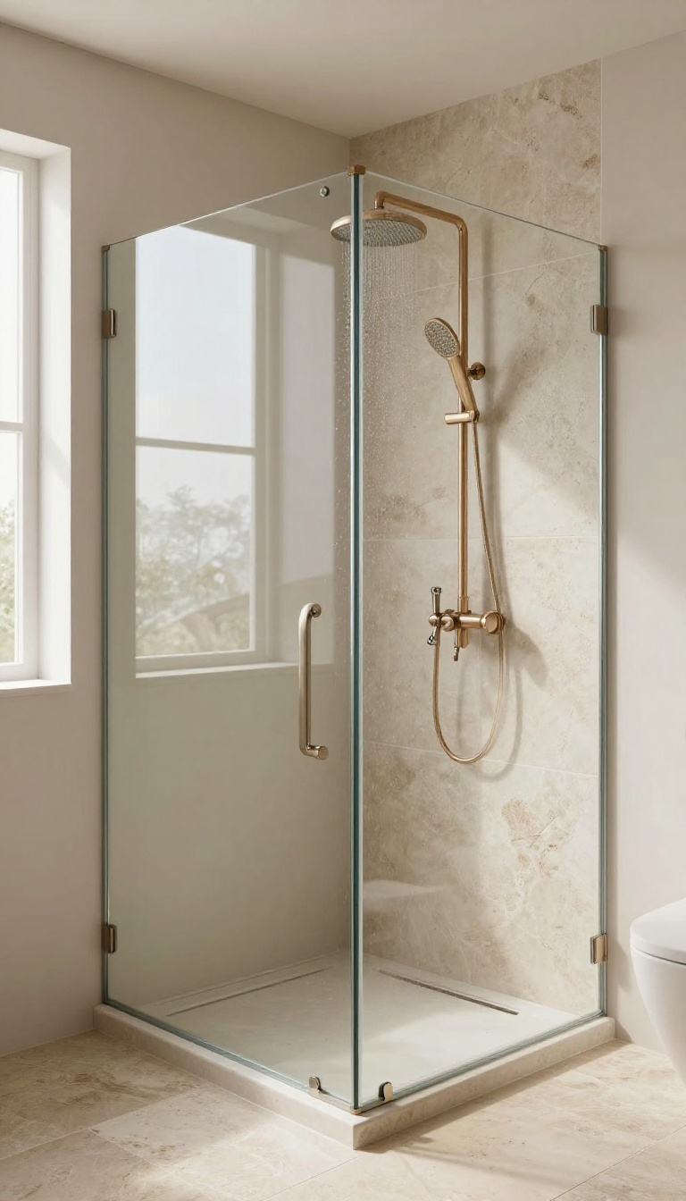 Modern bathroom shower with heated stone tile floor and natural light