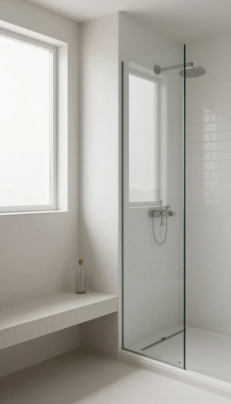 Modern bathroom with a half wall and built-in bench inside the shower, featuring a niche for toiletries, in natural light.