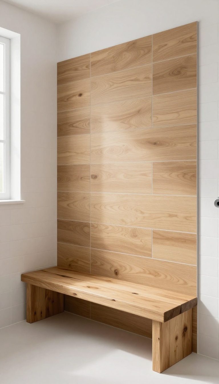Shower with wood tile accent wall behind a concrete bench