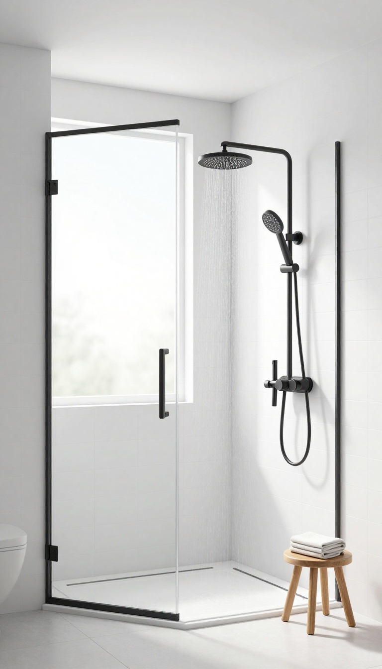 Modern bathroom shower with thermostatic valve control and rain showerhead
