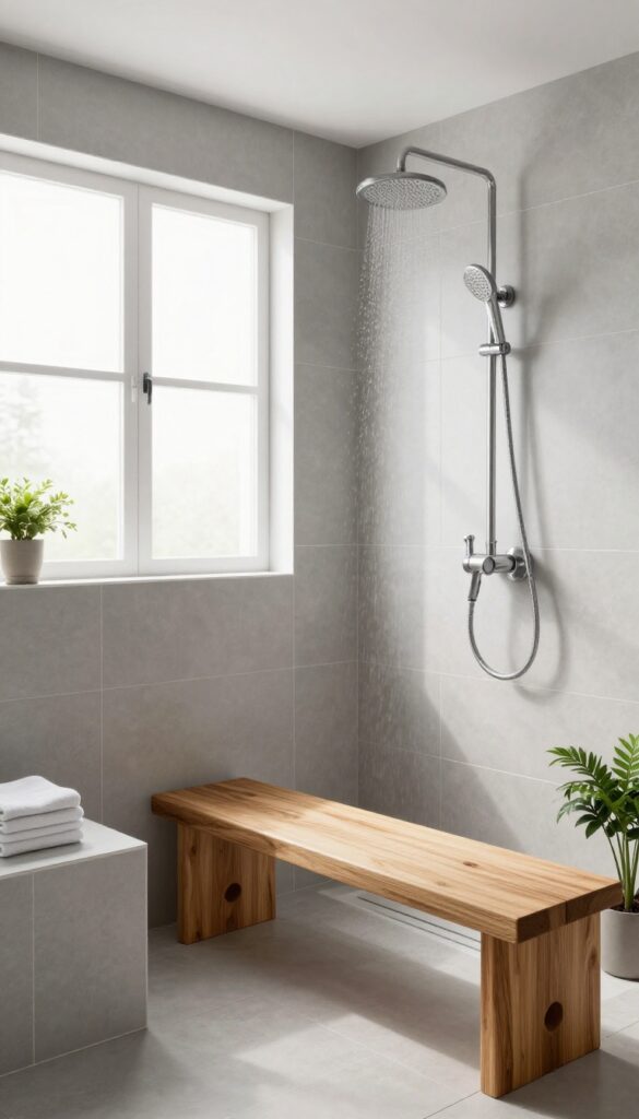 Bright bathroom with a walk-in shower featuring a built-in tiled bench, rainfall showerhead, and natural light