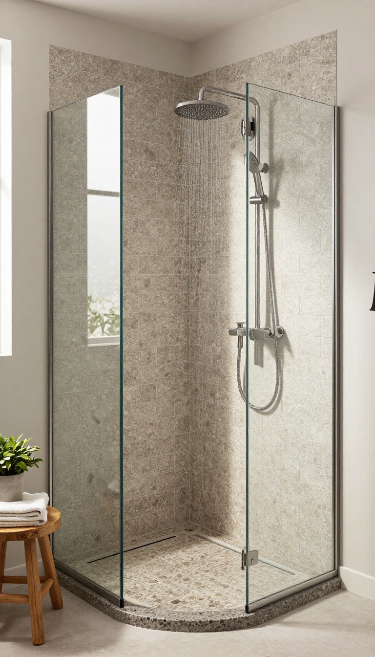 Black tile shower with pebble floor and glass enclosure, spa-like bathroom design