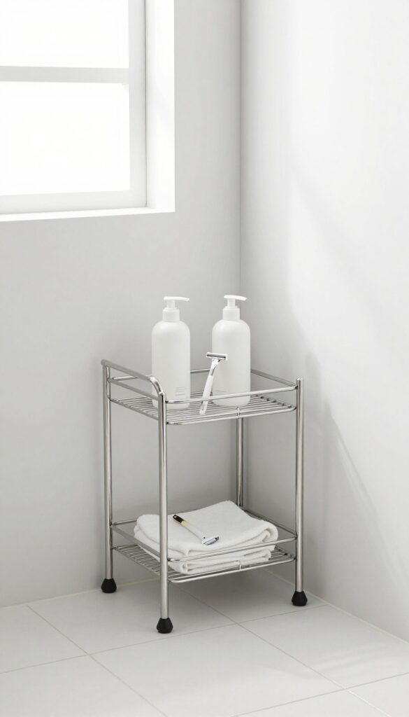 Corner caddy over bathtub edge in small bathroom