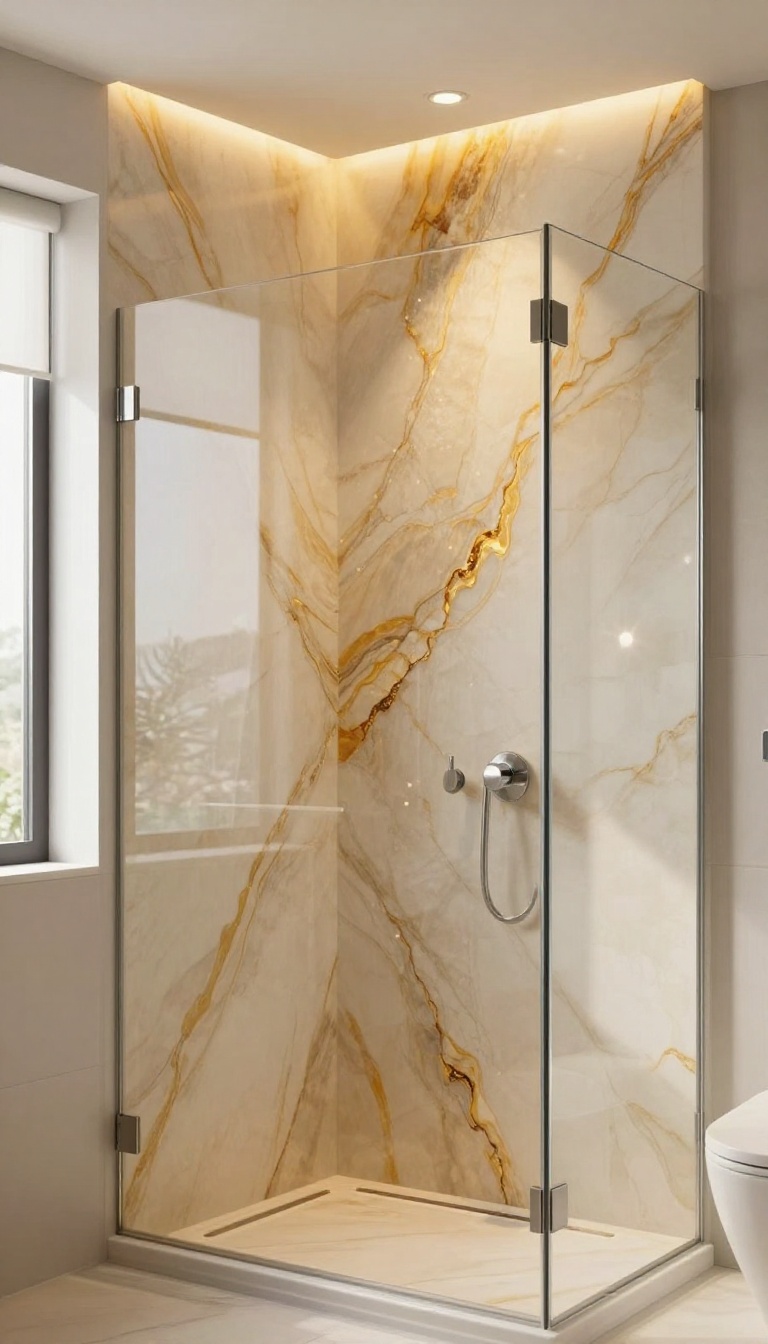 Onyx shower wall illuminated by recessed lighting, highlighting the stone's natural veining and warm tones