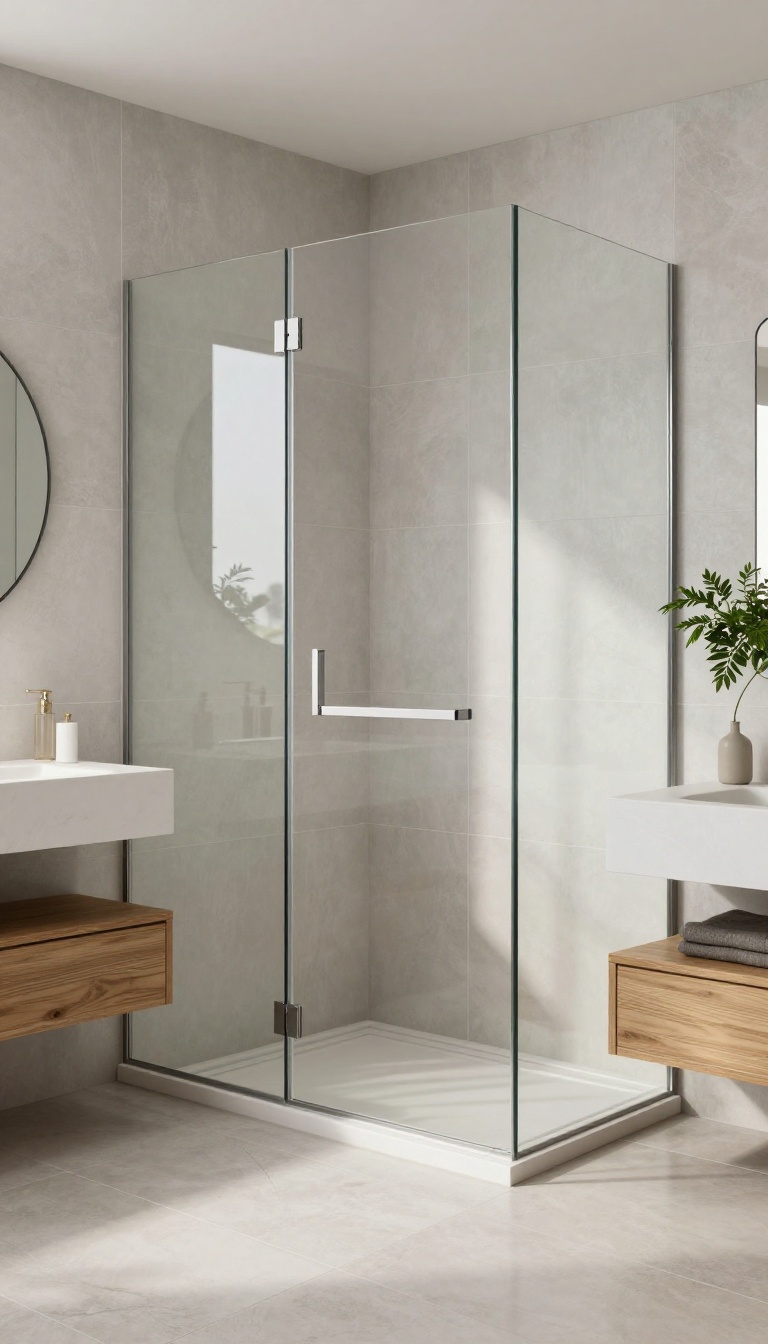 Zero entry shower with low threshold and frameless glass door in a bright, modern bathroom