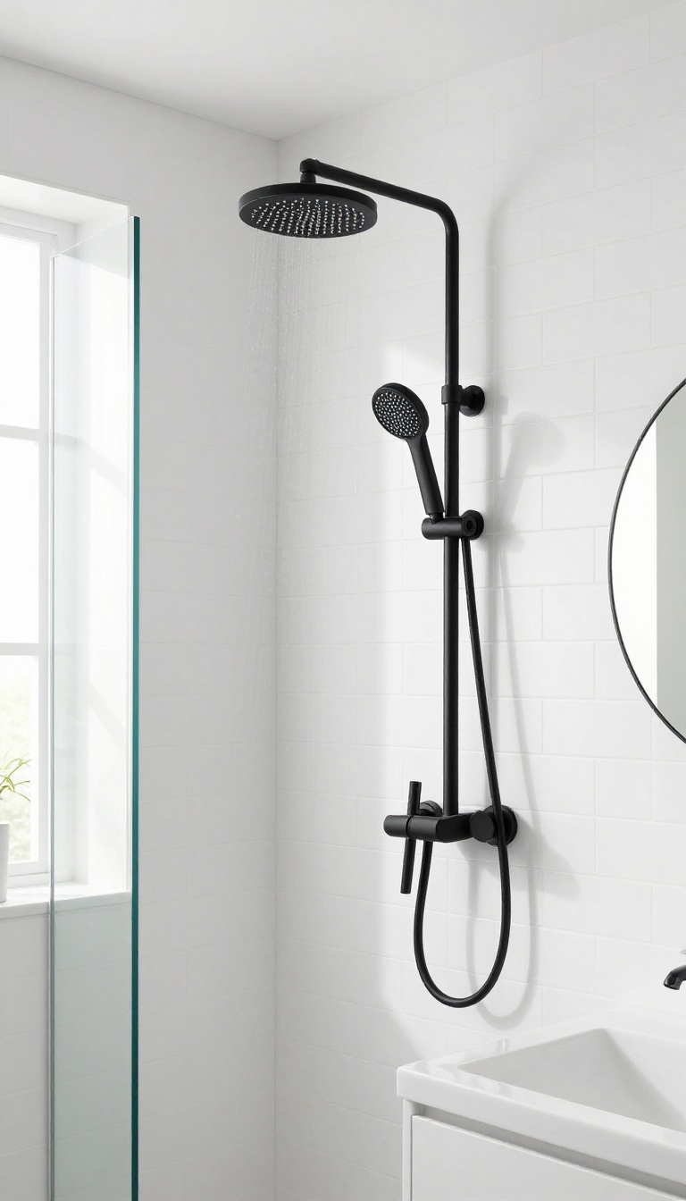 Modern bathroom shower with matte black fixtures against white subway tile, featuring a rainfall showerhead and handheld showerhead, with bright natural light.