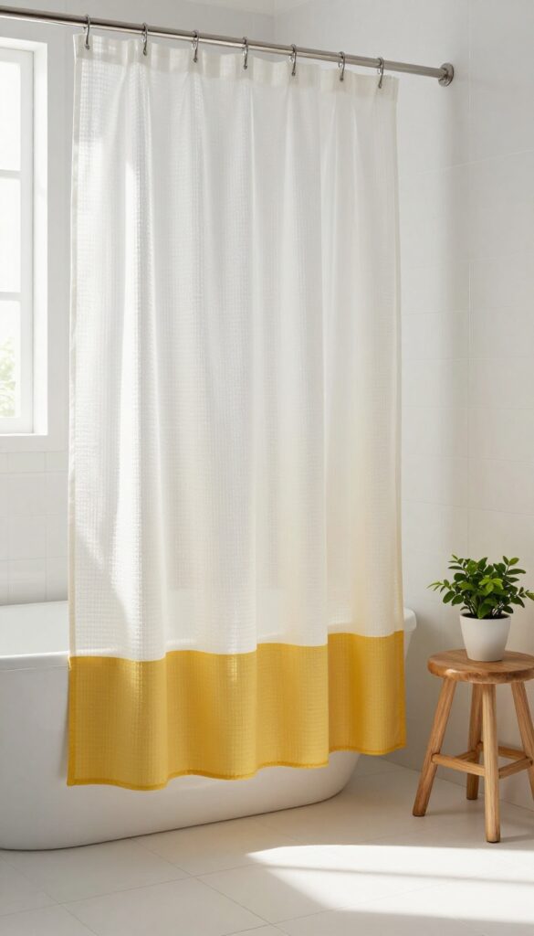 White shower curtain with mustard yellow liner peeking out, adding a pop of color in a bright bathroom.