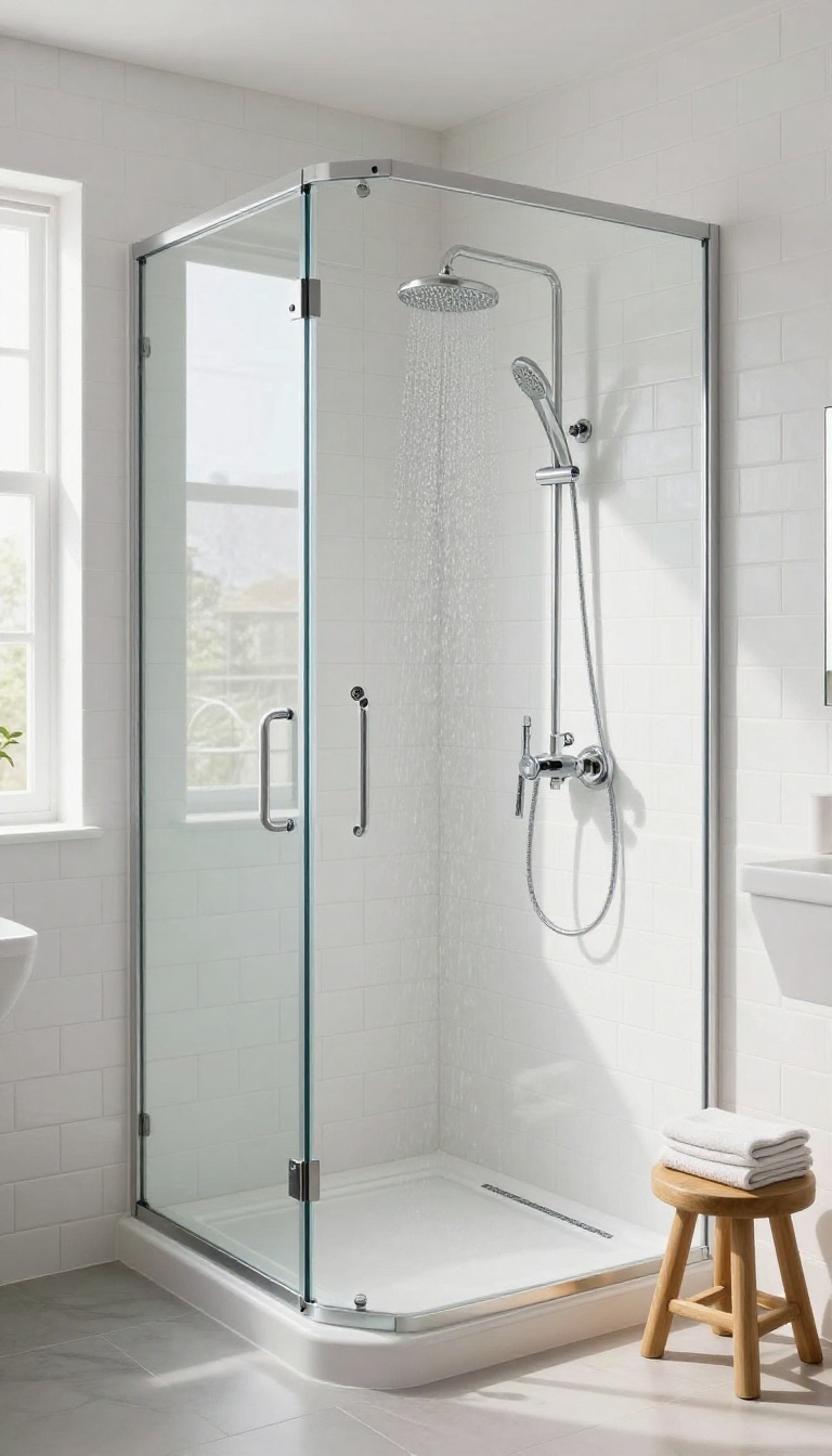 Frameless glass shower enclosure in a small bright bathroom with natural light