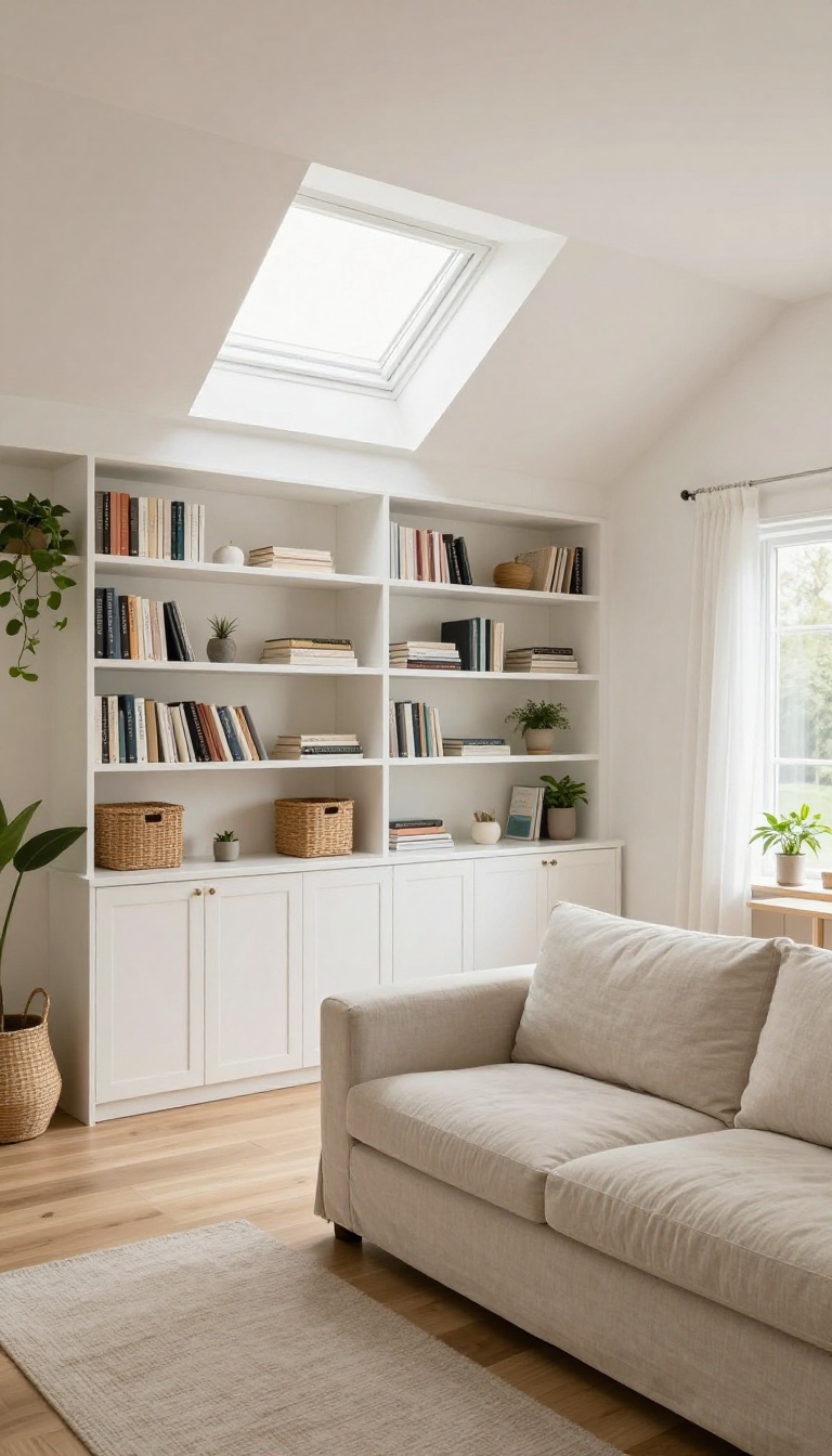 Bright loft living room with custom built-in shelves and cabinets following the sloped roofline