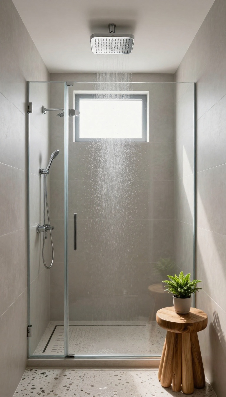 Modern basement shower with a rain shower head and glass enclosure