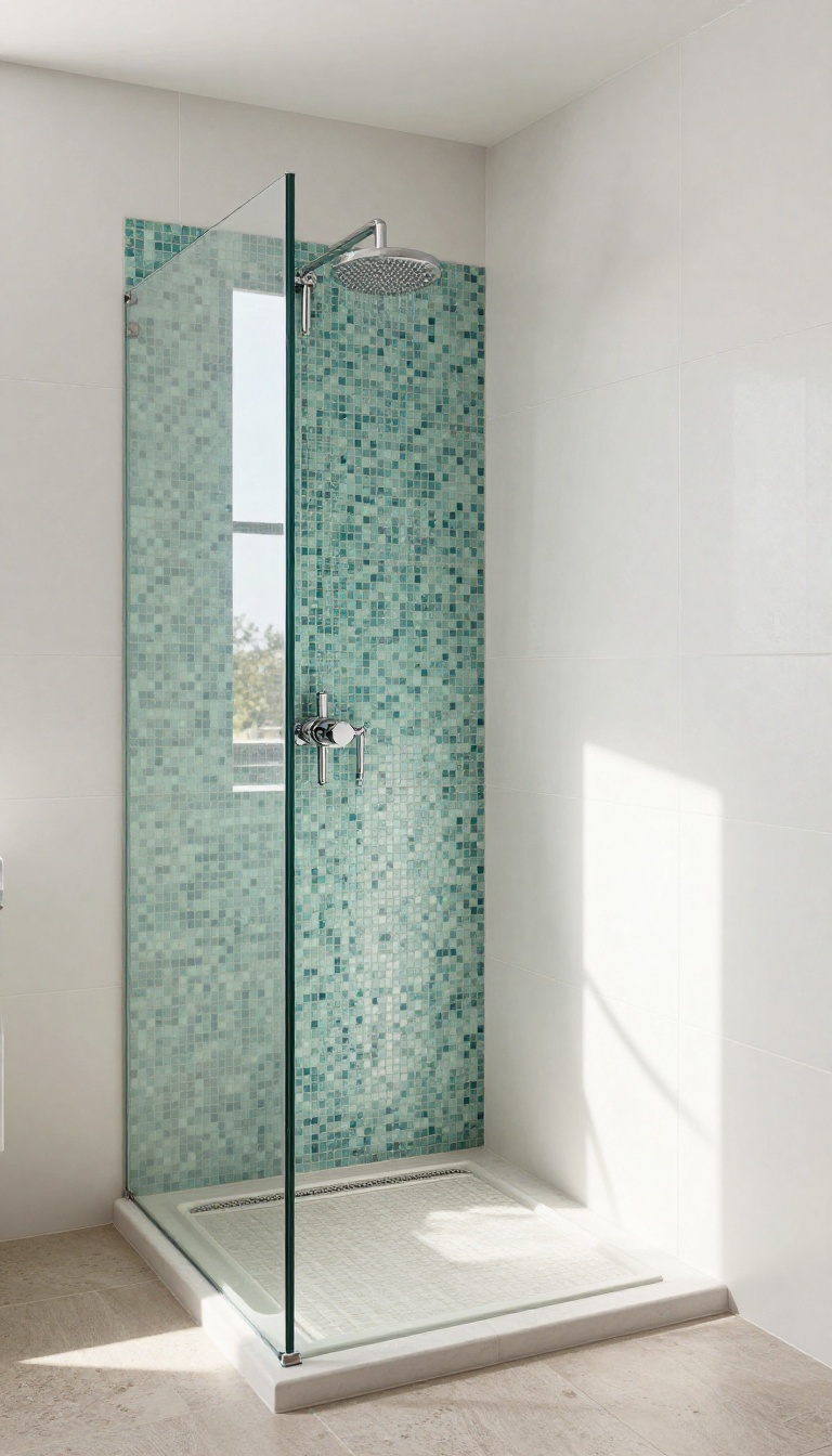 Modern master bathroom shower with a floor-to-ceiling blue and green glass mosaic accent wall, white tile surround, and chrome fixtures in bright natural light