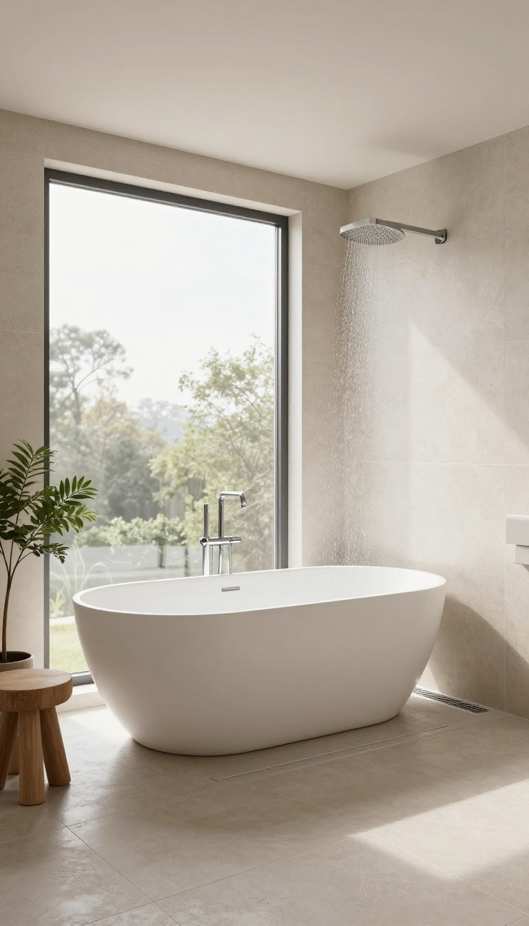 Open wet room bathroom with freestanding tub and rainfall shower, no glass enclosure