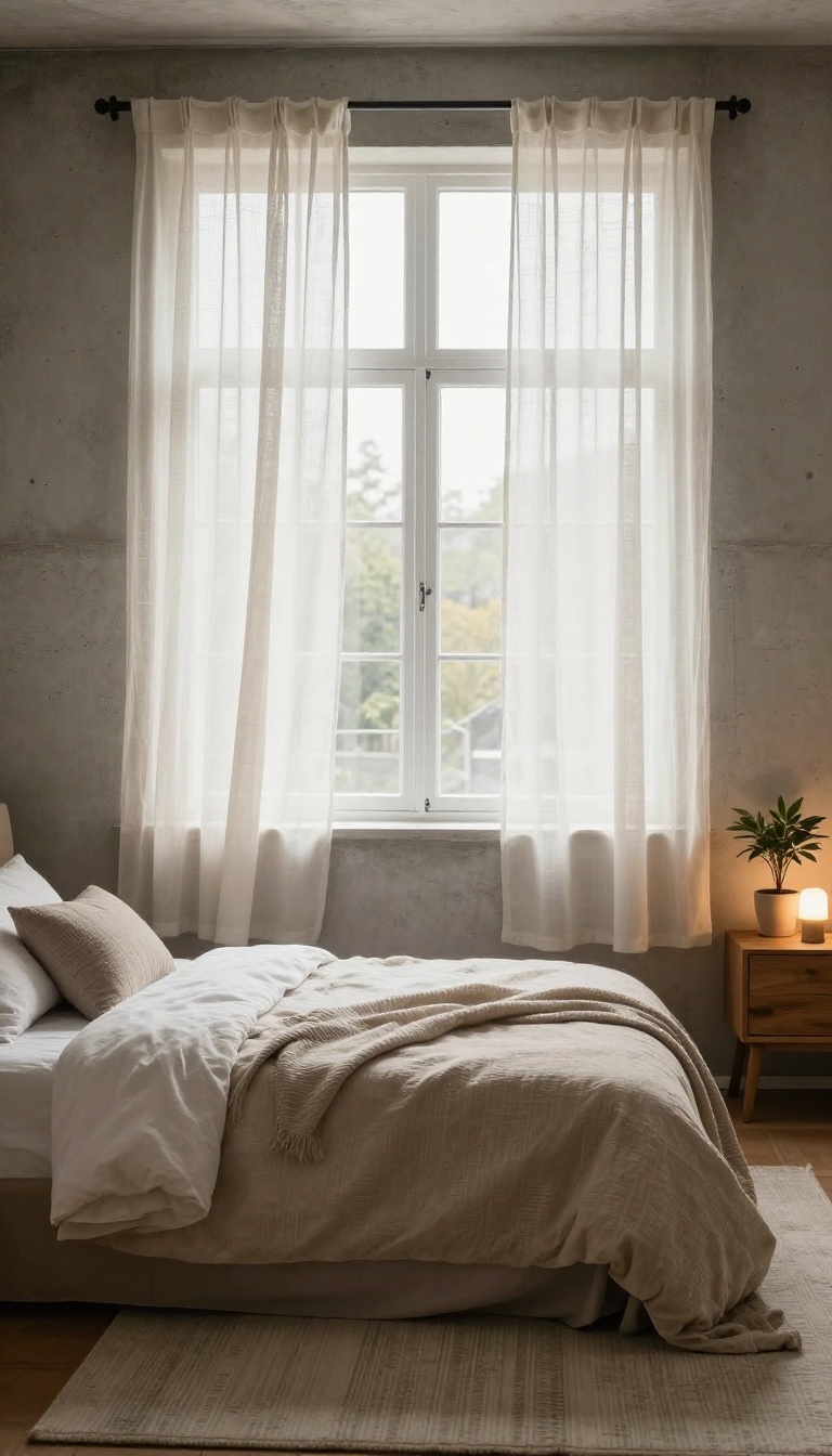 Cozy basement bedroom with a backlit faux window on a concrete wall, sheer curtains, and a neatly made bed in warm natural-looking light