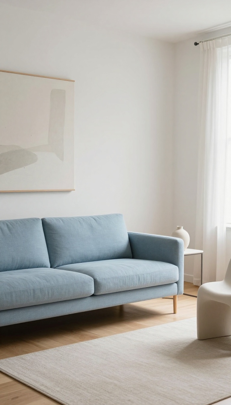 Minimalist living room with a light blue couch, open space, clean-lined furniture, neutral rug, and bright natural light for a serene decor look.