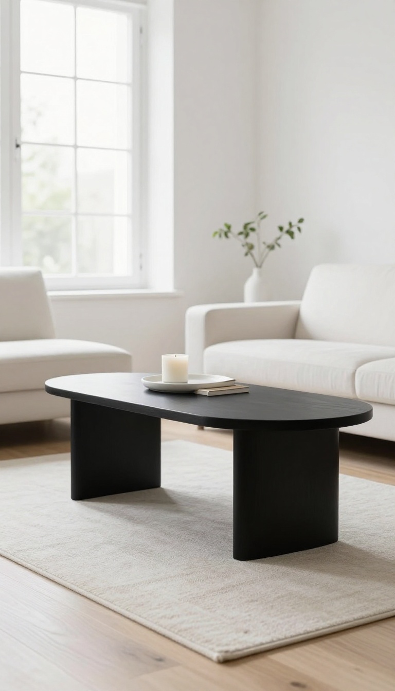 Matte black round coffee table styled with a white tray and light books in a bright black and white modern living room