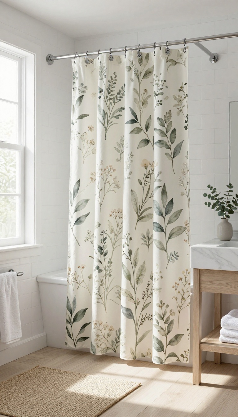 Bright bathroom with a cream shower curtain featuring a soft watercolor botanical print of muted sage leaves and pale wildflowers, styled with white towels and a small plant