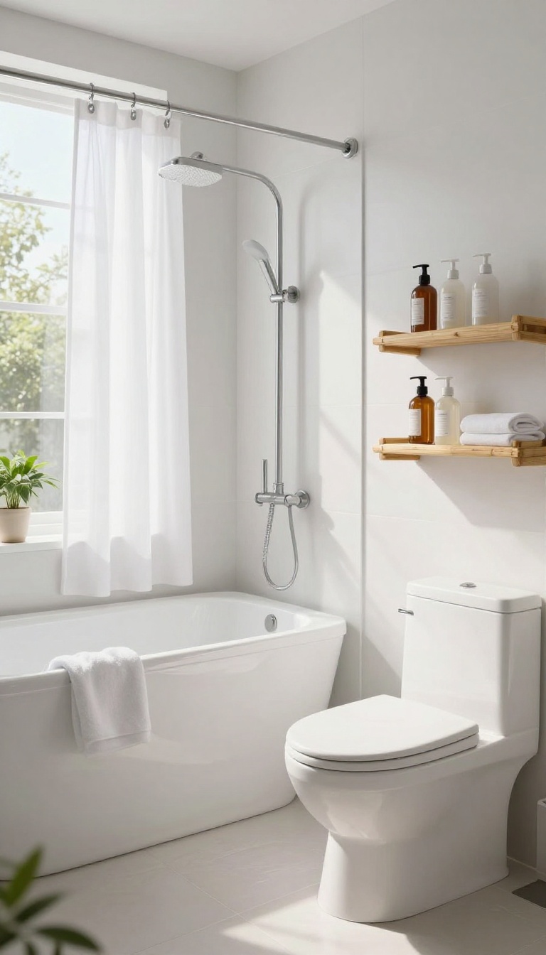 Over-the-toilet shelf in a bright bathroom holding shampoo and conditioner bottles, with a bathtub nearby