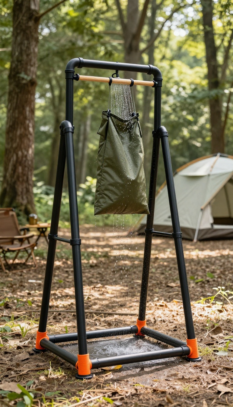 DIY PVC pipe stand shower at a campsite with a hanging shower bag and paracord-wrapped legs.