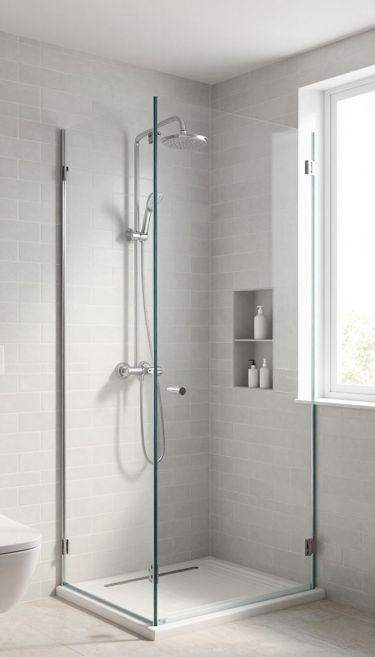 Bright basement shower with light gray subway tiles and matching grout, glass enclosure, and natural light.