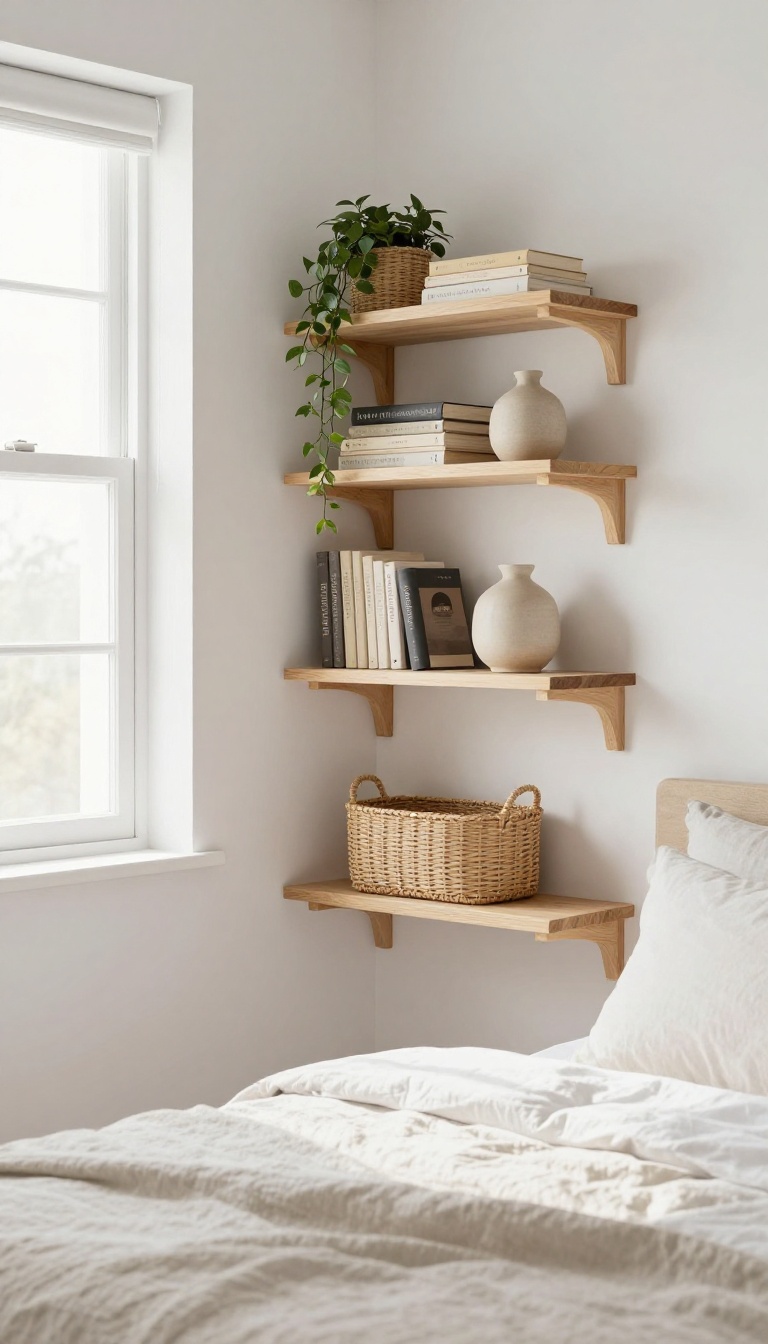 Open bedroom shelves with books and woven baskets used for hidden storage in a bright, airy room