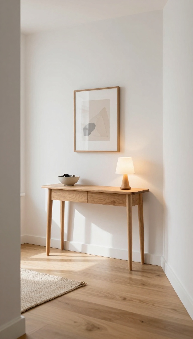 Slim wooden console table in a bright narrow entry living room with a small lamp and bowl, leaving clear floor space