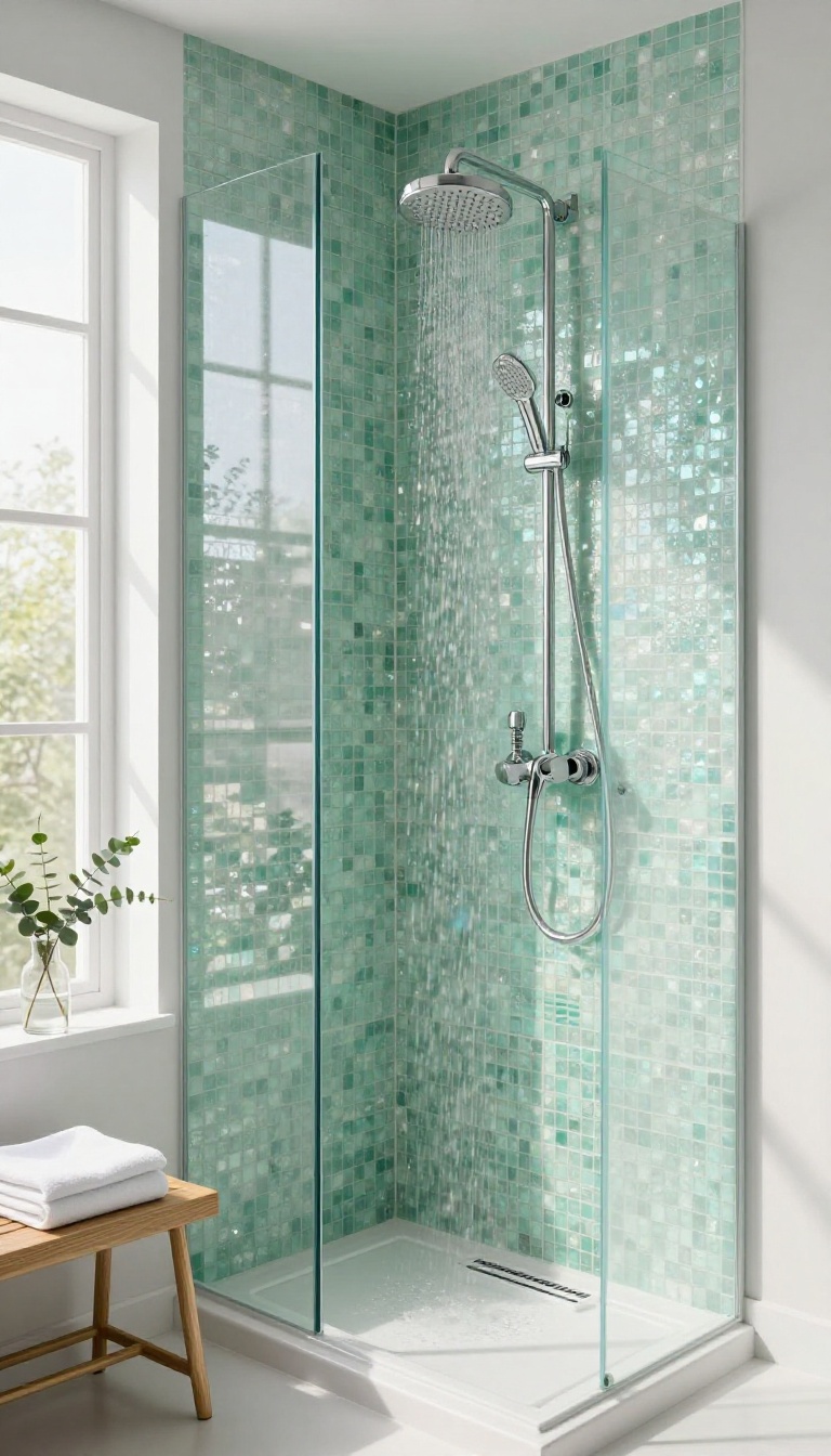 Bright modern shower with a shimmering glass mosaic accent wall bouncing natural light around a chrome rain showerhead